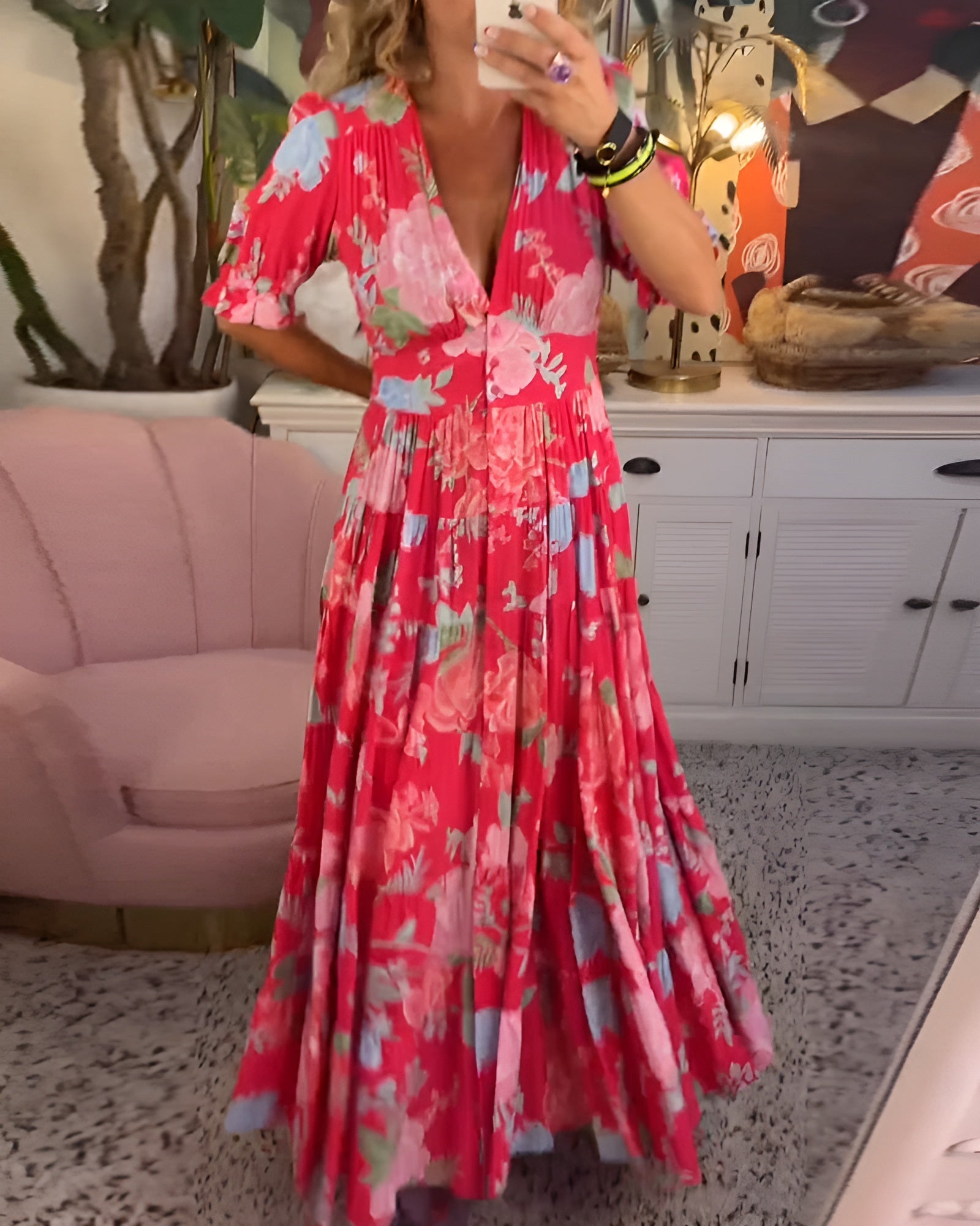 Carine™| Flower print V-neck pocket dress