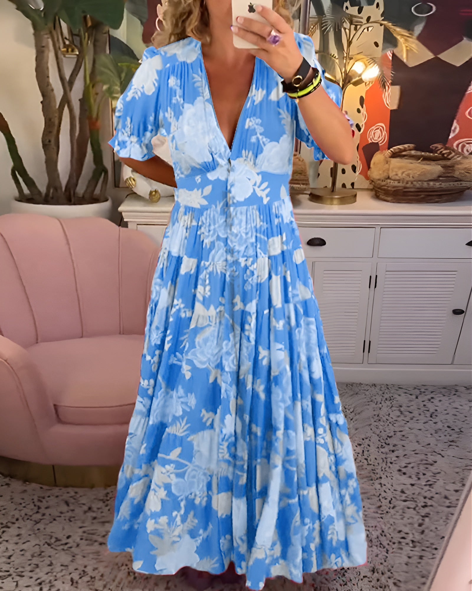 Carine™| Flower print V-neck pocket dress