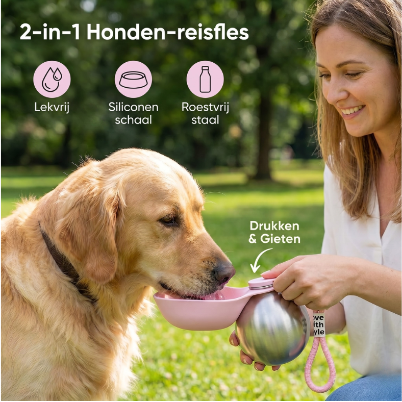 2-in-1 Reisdrinkfles voor Honden – Lekvrije Roestvrijstalen Waterfles met Siliconen Drinkbak