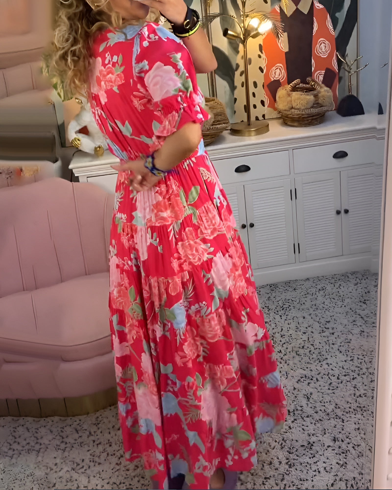 Carine™| Flower print V-neck pocket dress