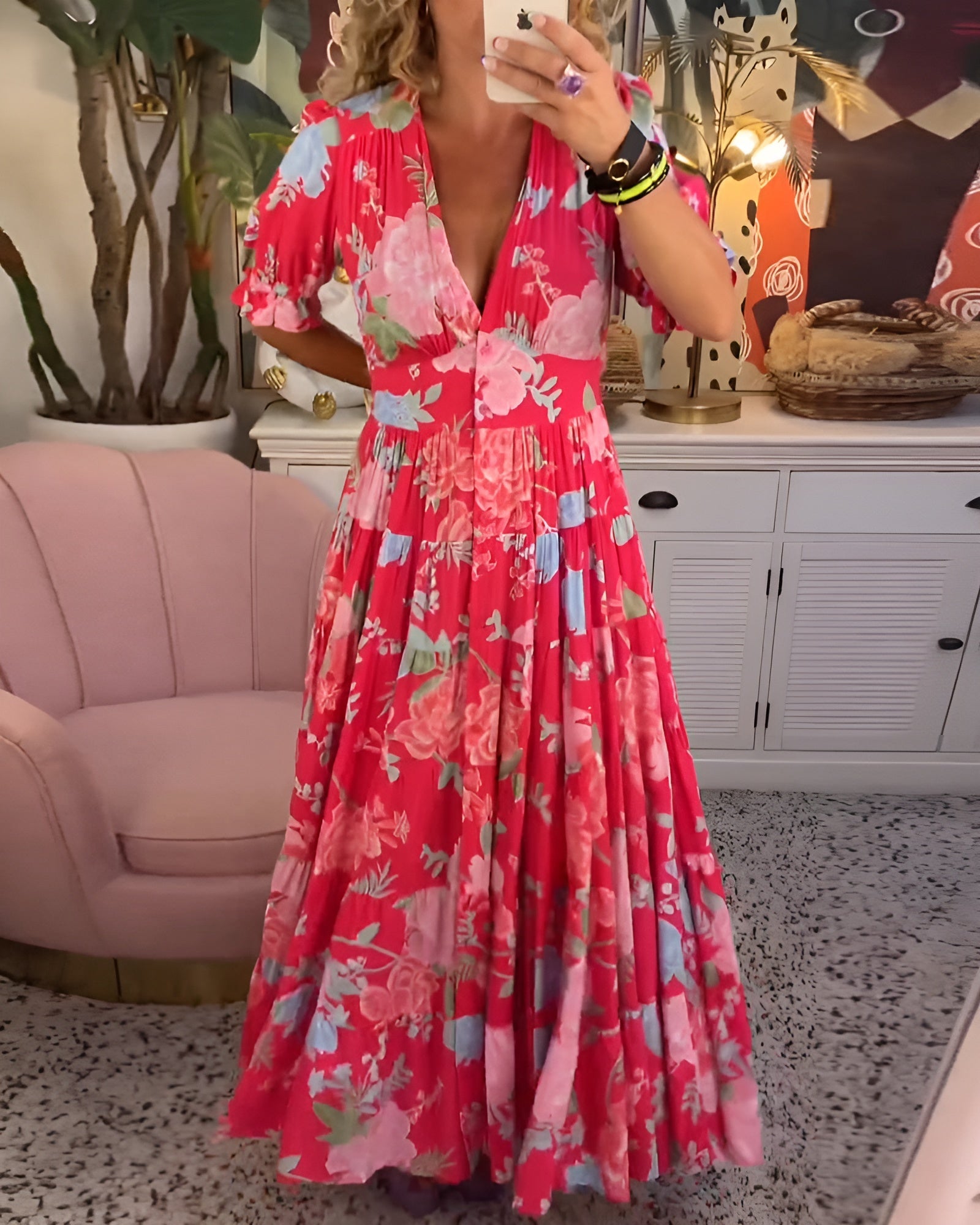 Carine™| Flower print V-neck pocket dress