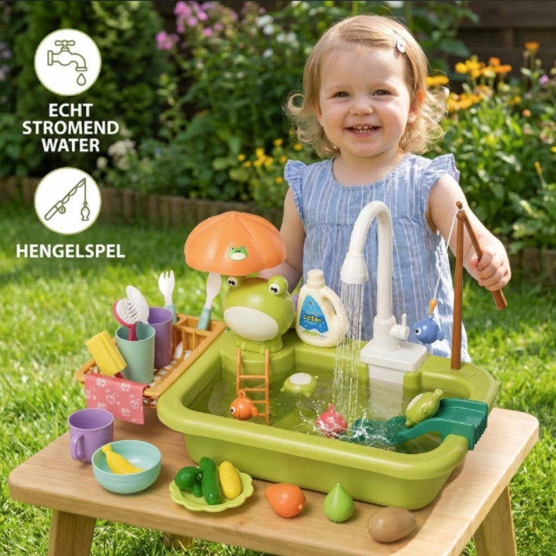 Kinder-speelkeuken met waterfunctie – Gootsteen speelset met elektrische watercirculatie & hengelspel