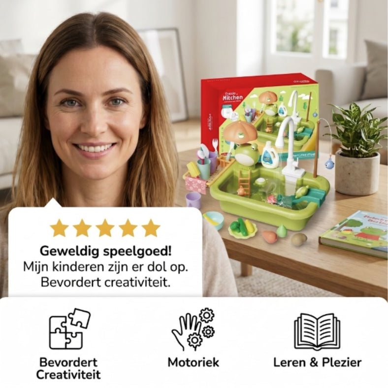 Kinder-speelkeuken met waterfunctie – Gootsteen speelset met elektrische watercirculatie & hengelspel