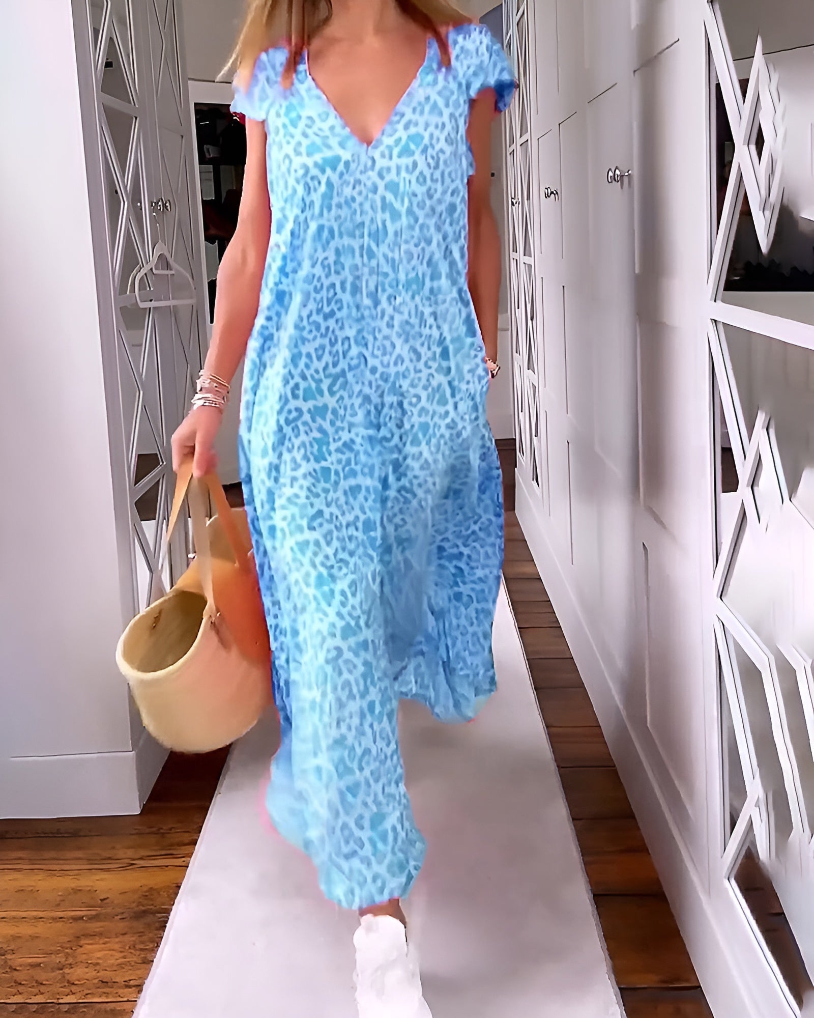 Véronique™ | V-neck long dress in print with short sleeves