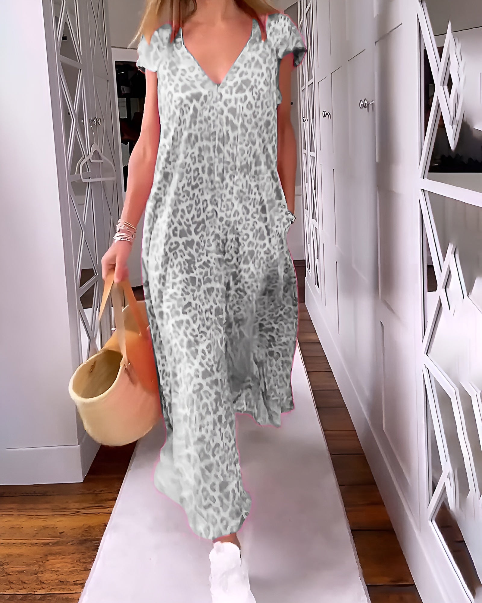 Véronique™ | V-neck long dress in print with short sleeves